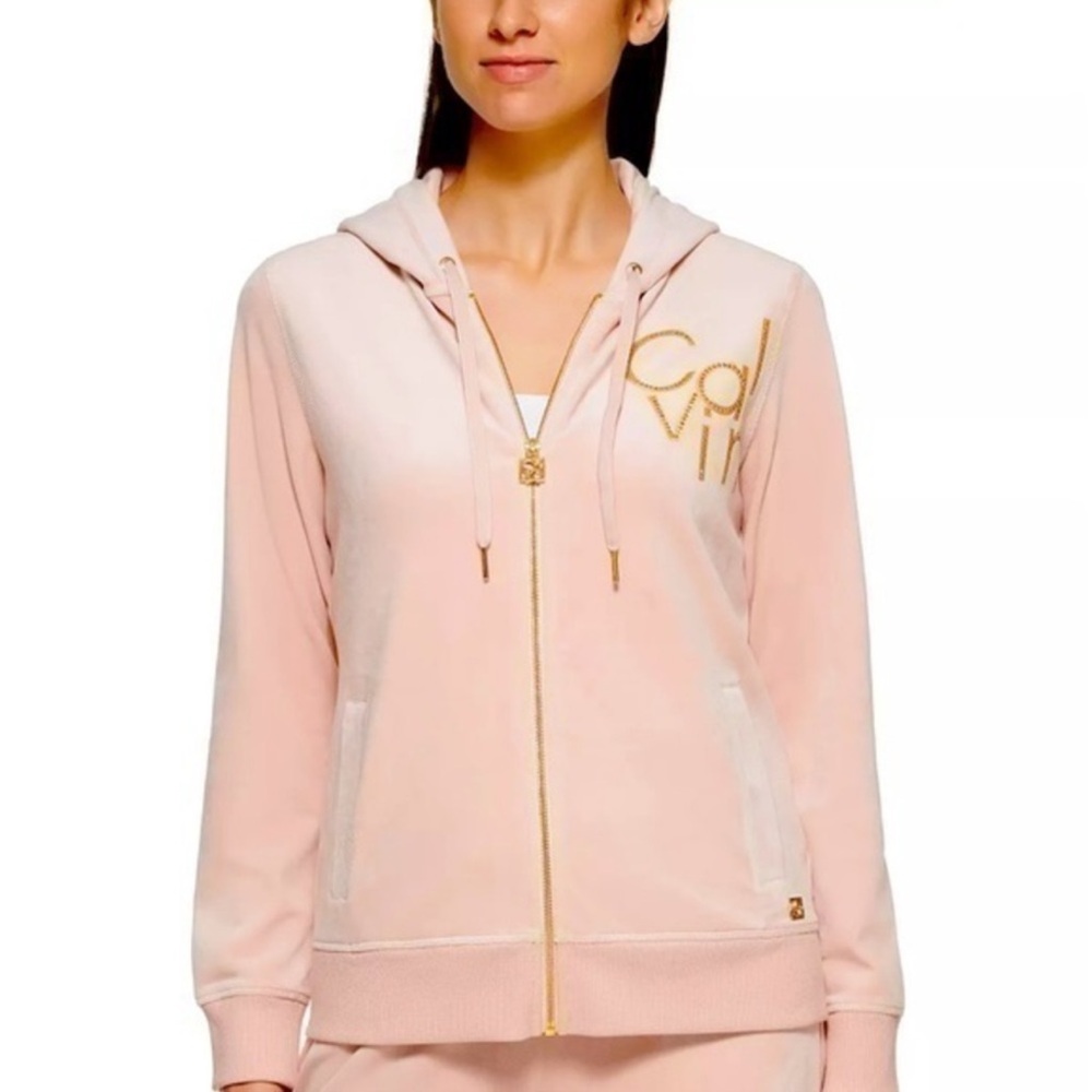NWOT Calvin Klein Light Peach Velour Zip Up Jacket. Size Lg